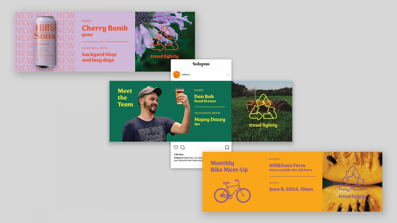 Three brightly coloured Instragram carousel mockups cascade down the page.