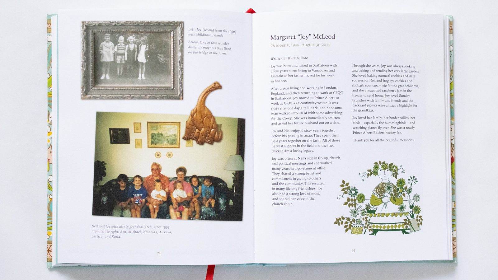 An open book spread displaying text, photographs, and nostalgic illustration.