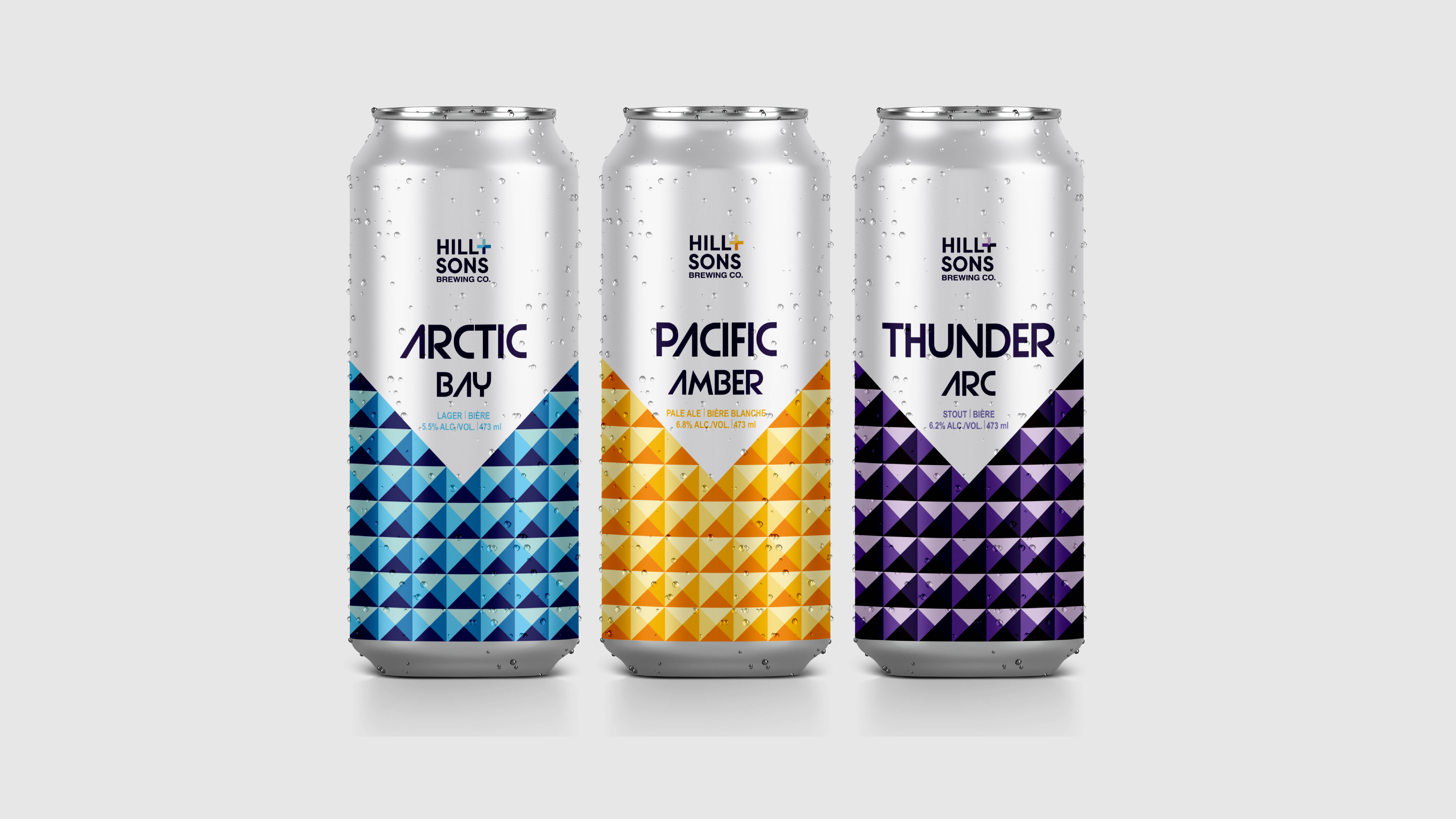 The Hill & Sons Bew Co. offers three distinctive flavours that captures the essence of adventure. From left to right Arctic Bay (Lager); Pacific Amber (Pale ale); Thunder Arc (Stout). Utilizing geometric patterns, the brand communicates a sense of elegance and reliability.