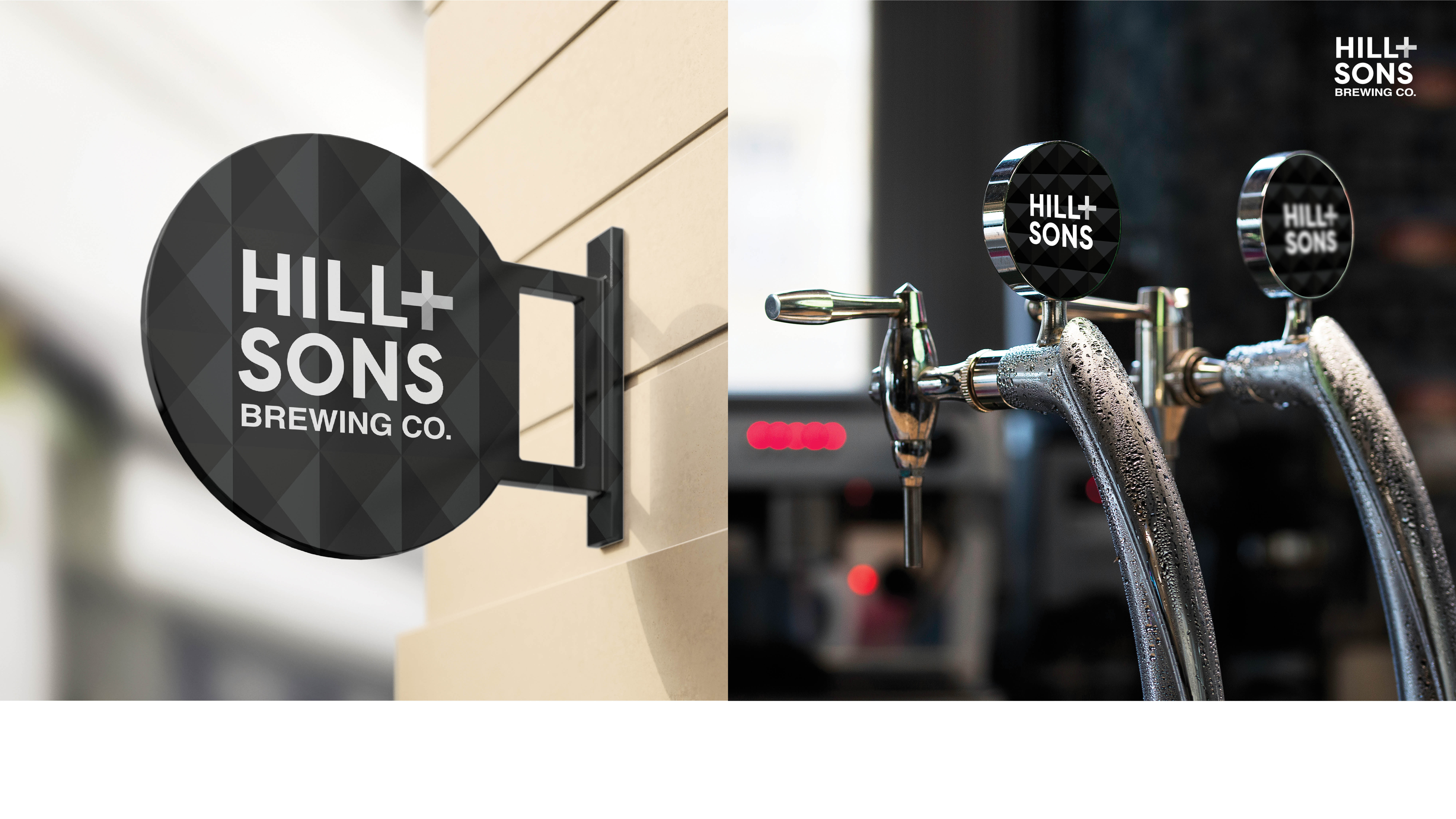 These are some mockups for Hill & Sons brewery. On the left is a store signage, and on the right is a beer tap. Geometric patterns are incorporated across the brand to communicate sophistication