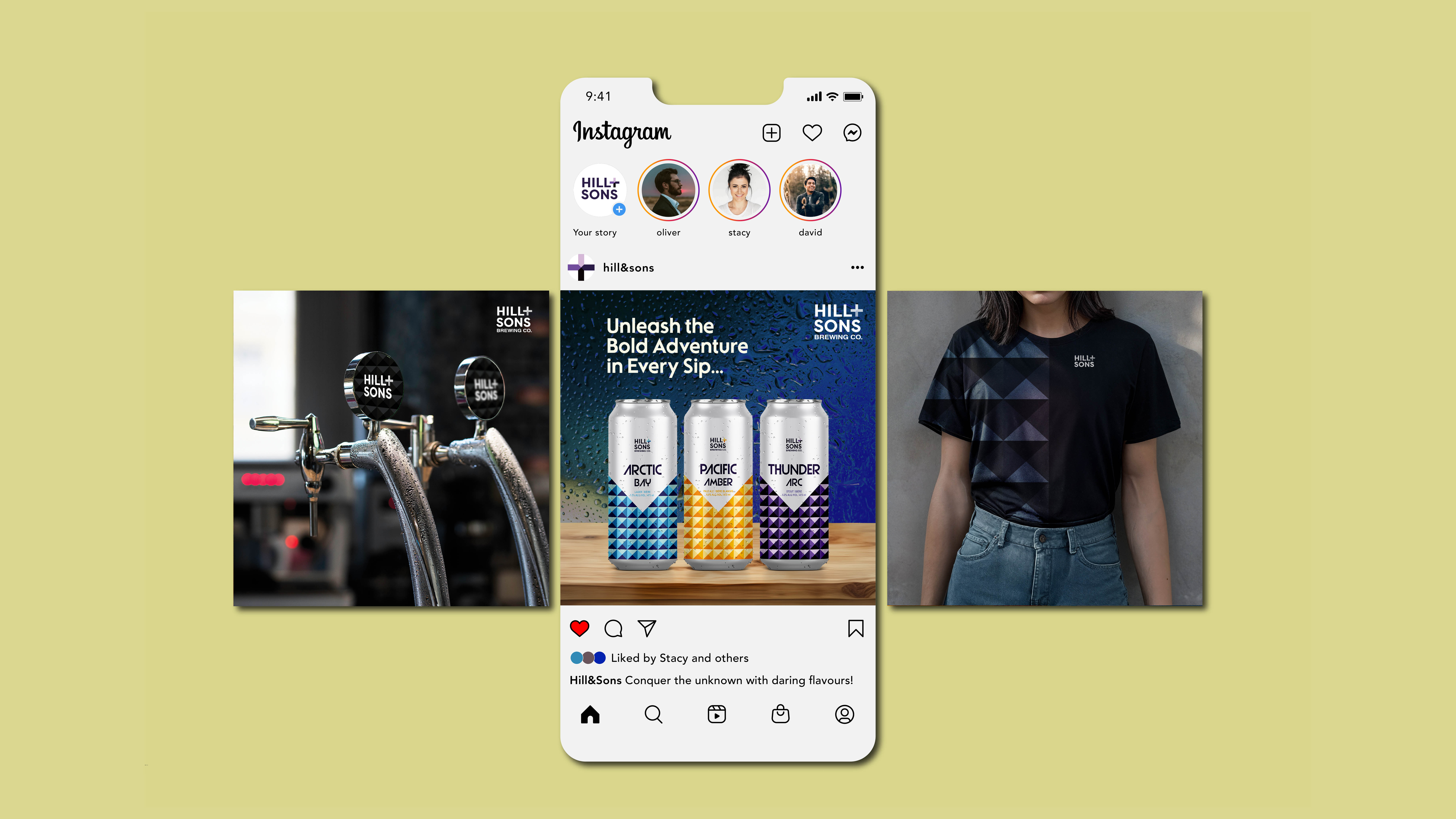 A Hill & Sons Instagram post highlighting our beer tap, advertising our three offerings, and featuring a staff t-shirt displaying the brewery’s logo.