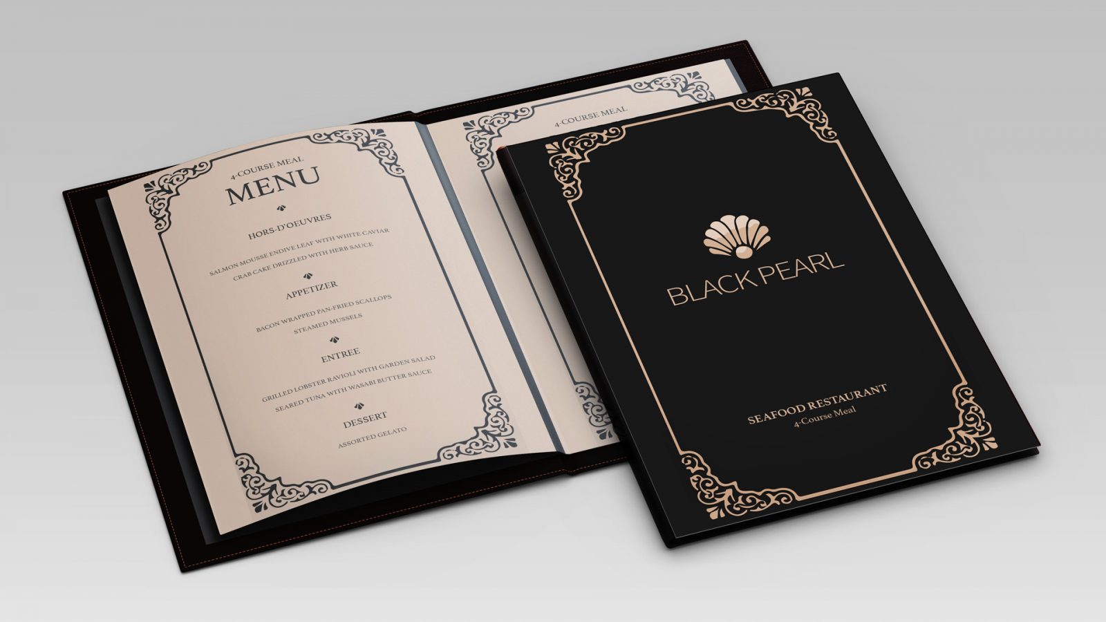 The front cover and inside of the “Black Pearl” menu. The menu has four predetermined courses with two food options each. The menu has an intricate and illustrative border around the text.