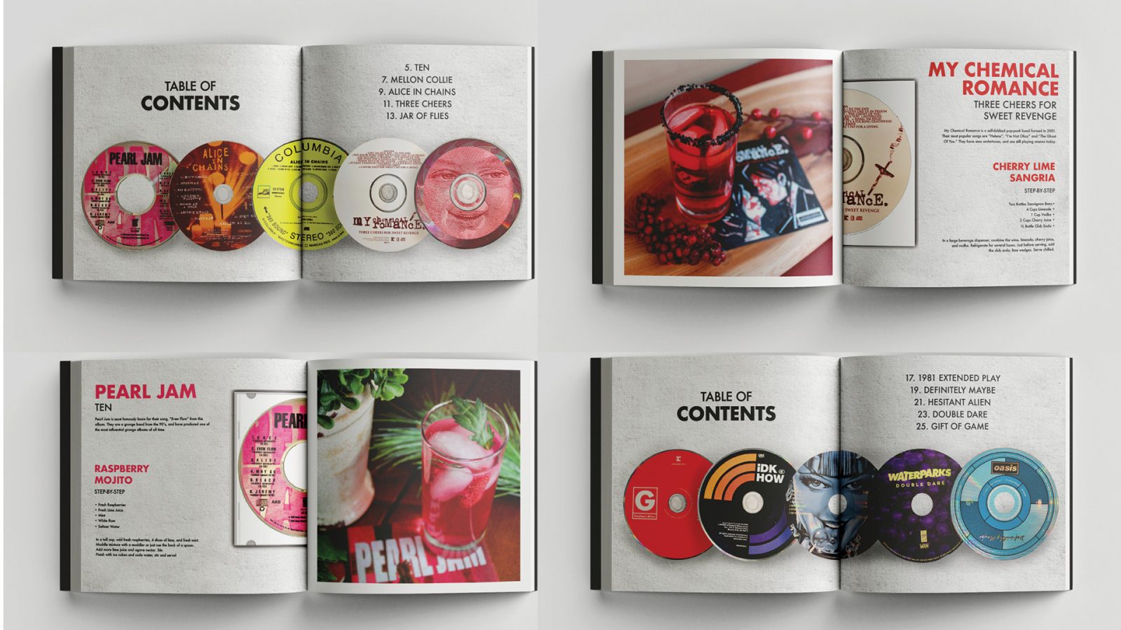 Four mocked-up spreads of the pairing book which include two content pages, and two recipe pages included with photography. Each page has a cohesive feel that is shown through colours and imagery.