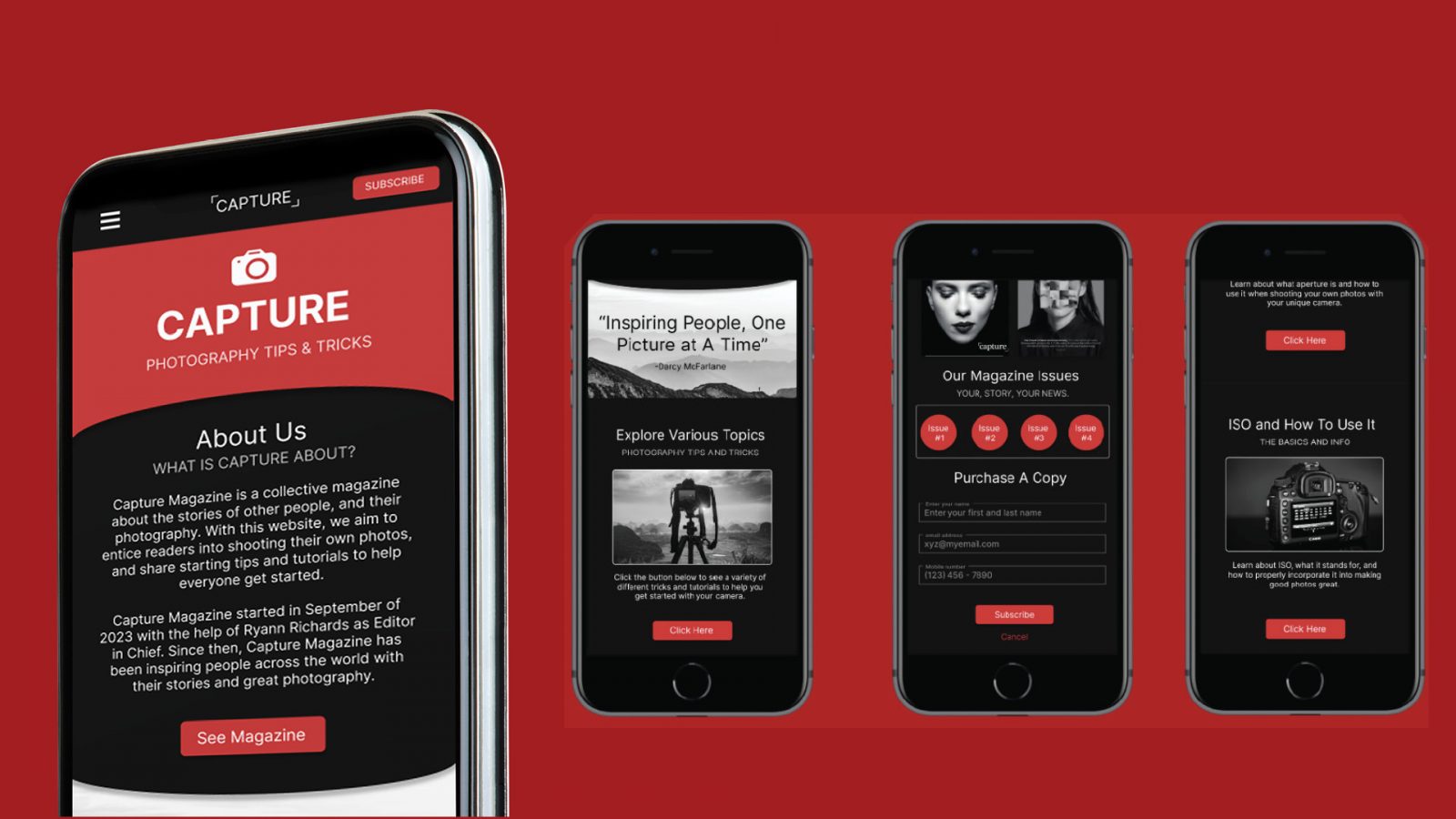 Capture is an application based off an editorial magazine featuring photography. The screens detail various tips and tricks for photography beginners and includes a subscription page for the magazine.