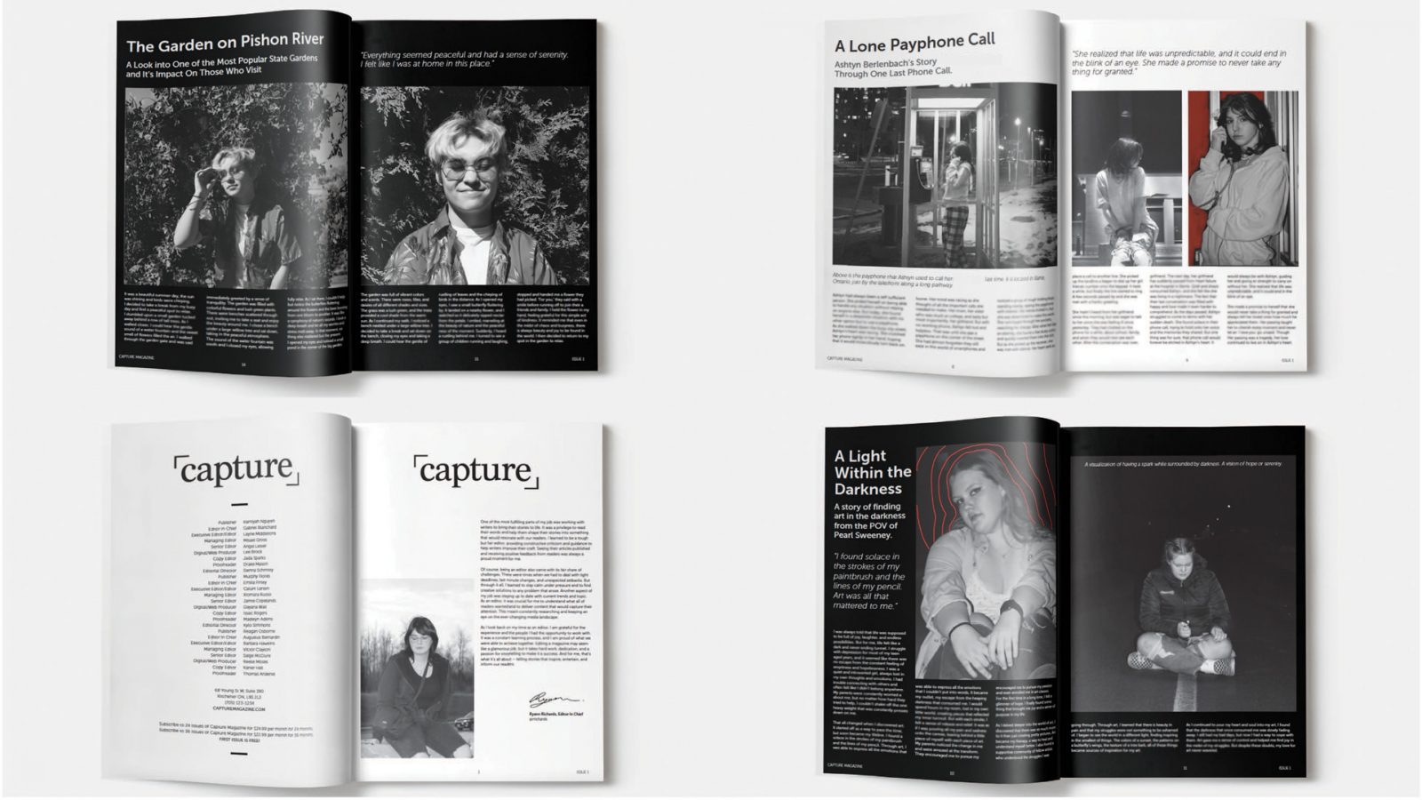 Four spreads of the Capture magazine detailing three different stories and a page about the author. The spreads alternate between black and white to show variety, and some also include a red accent as the staple colour.