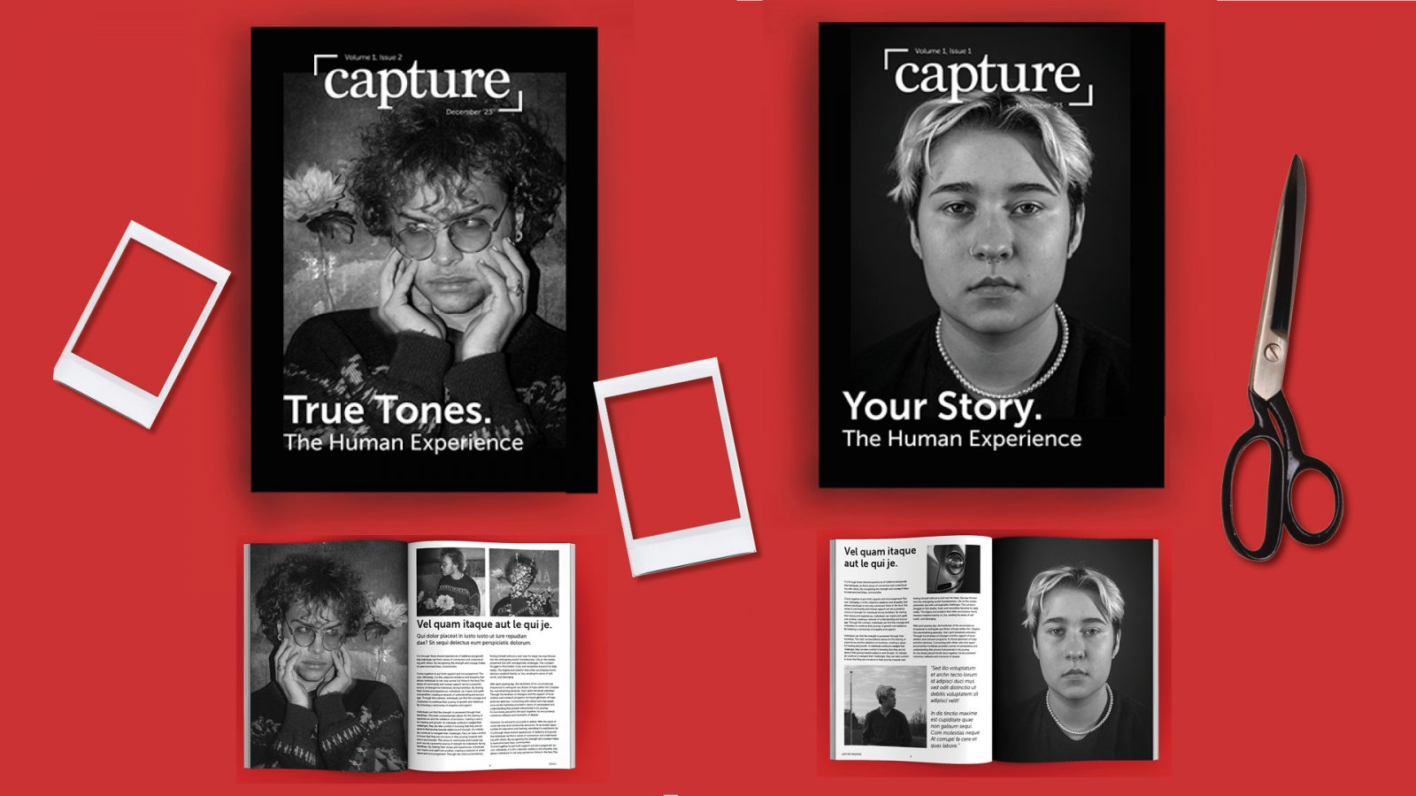 Two volumes of the Capture magazine, each paired with a cohesive spread including the photography on the front cover, and different layouts.