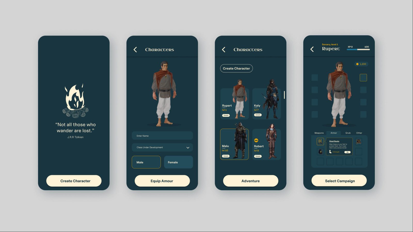 Another very important screen within the Realms Unwritten app is the character create and character select screens. This is where you create your character of choice and equip items so you can adventure with them.