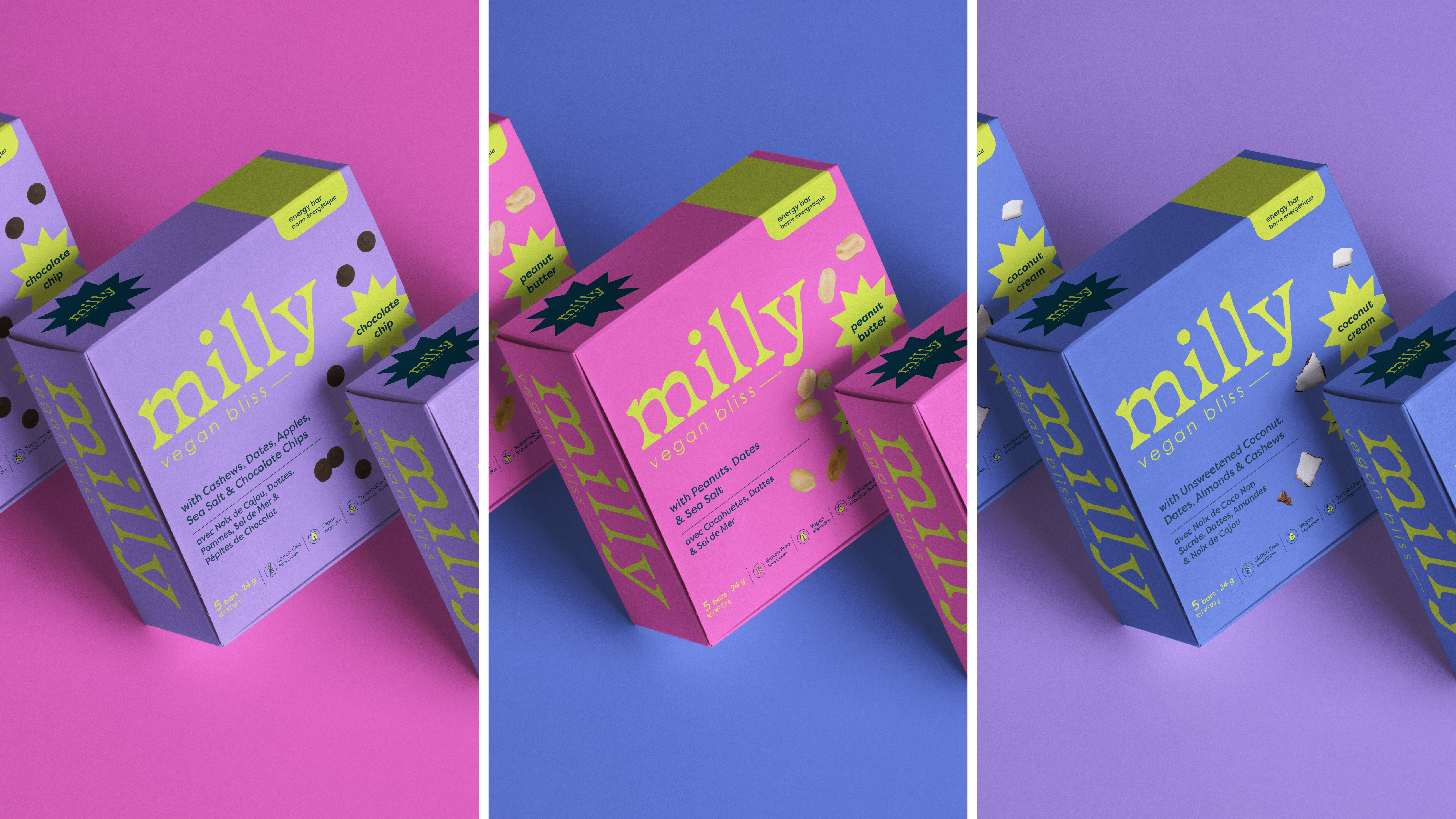 Milly is a vegan snack company that focuses on creating good food, using good ingredients. The design incorporates vibrant colours throughout both the branding and packaging design with three bold colours to easily identify the different flavours.