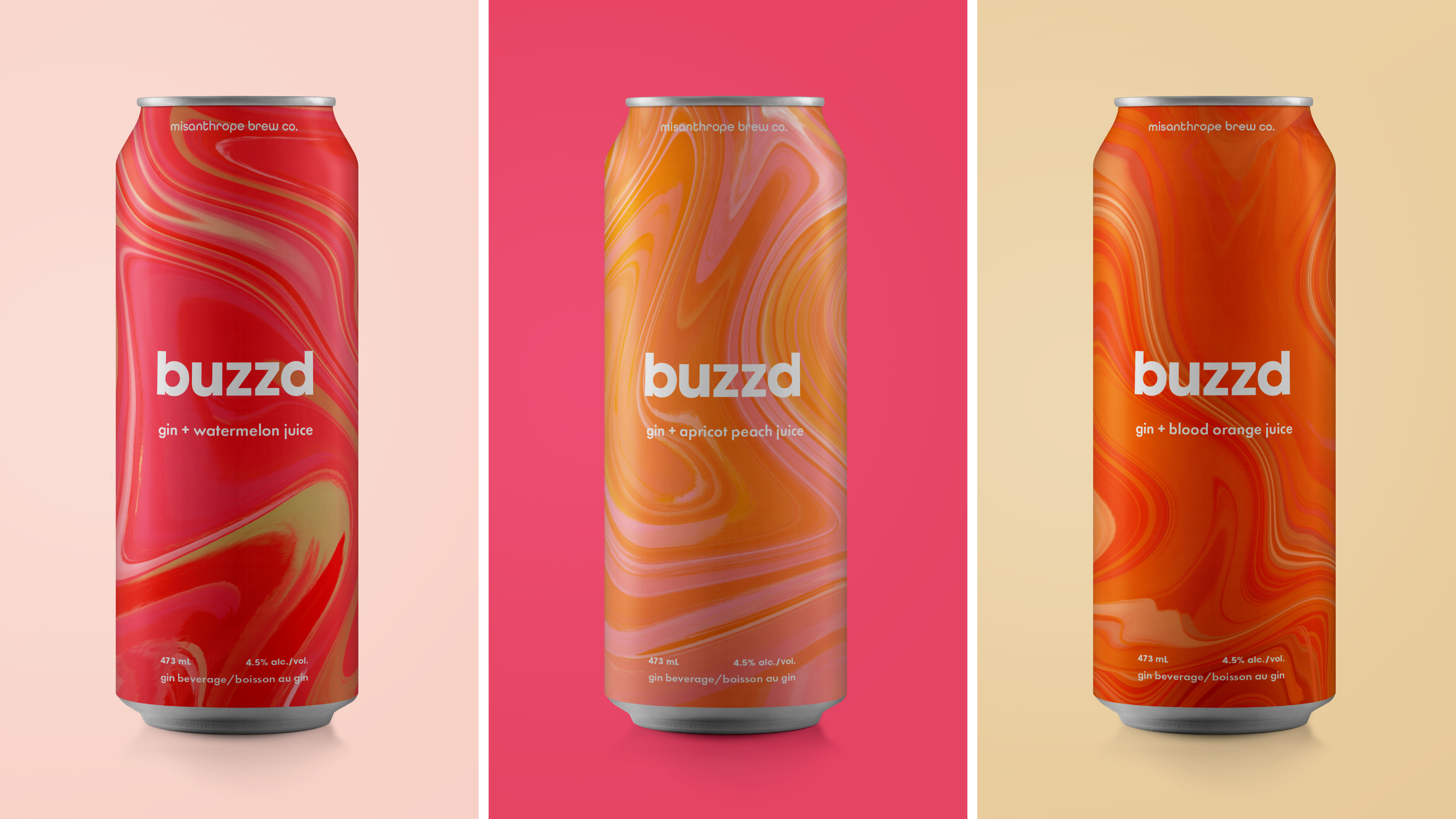 Buzzd is a flavoured gin beverage brand created with good times and good friends in mind. The colouring of the labels is representative of the individual flavours they hold.