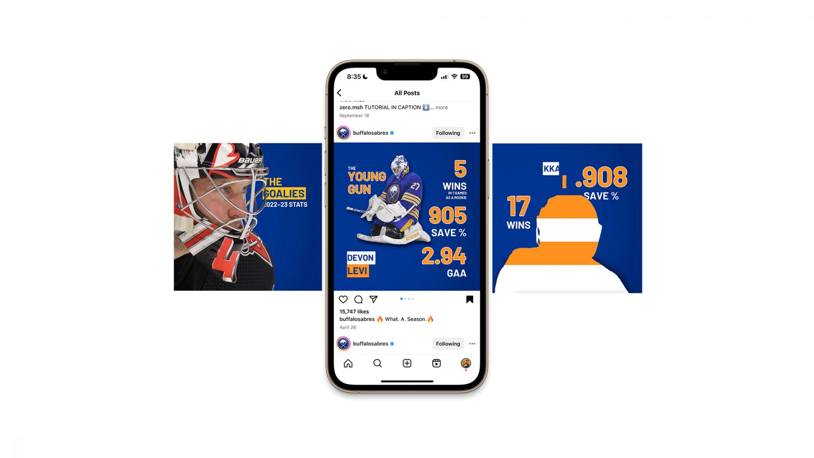 One of three motion social media posts for the Buffalo Sabres of the NHL. The colours and typography follow the brand guidelines of the team while taking inspiration from their current social media accounts.