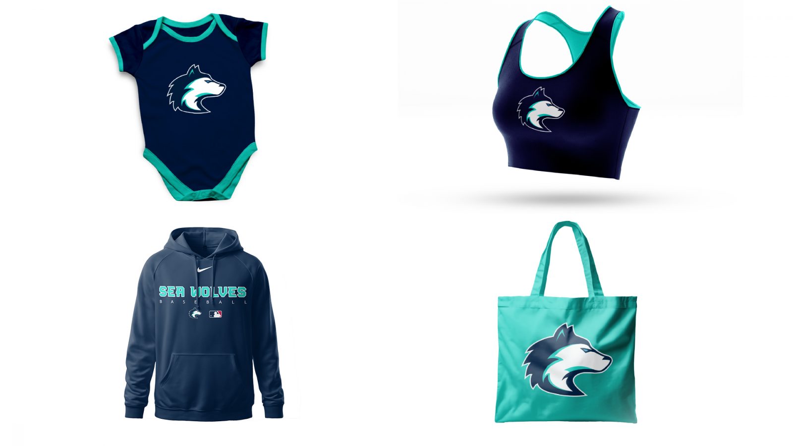 Merchandise for the Sea Wolves showcases the versatility of the brand as it can be applied various pieces for fans to purchase. Once again showcasing how well the colours work well together.