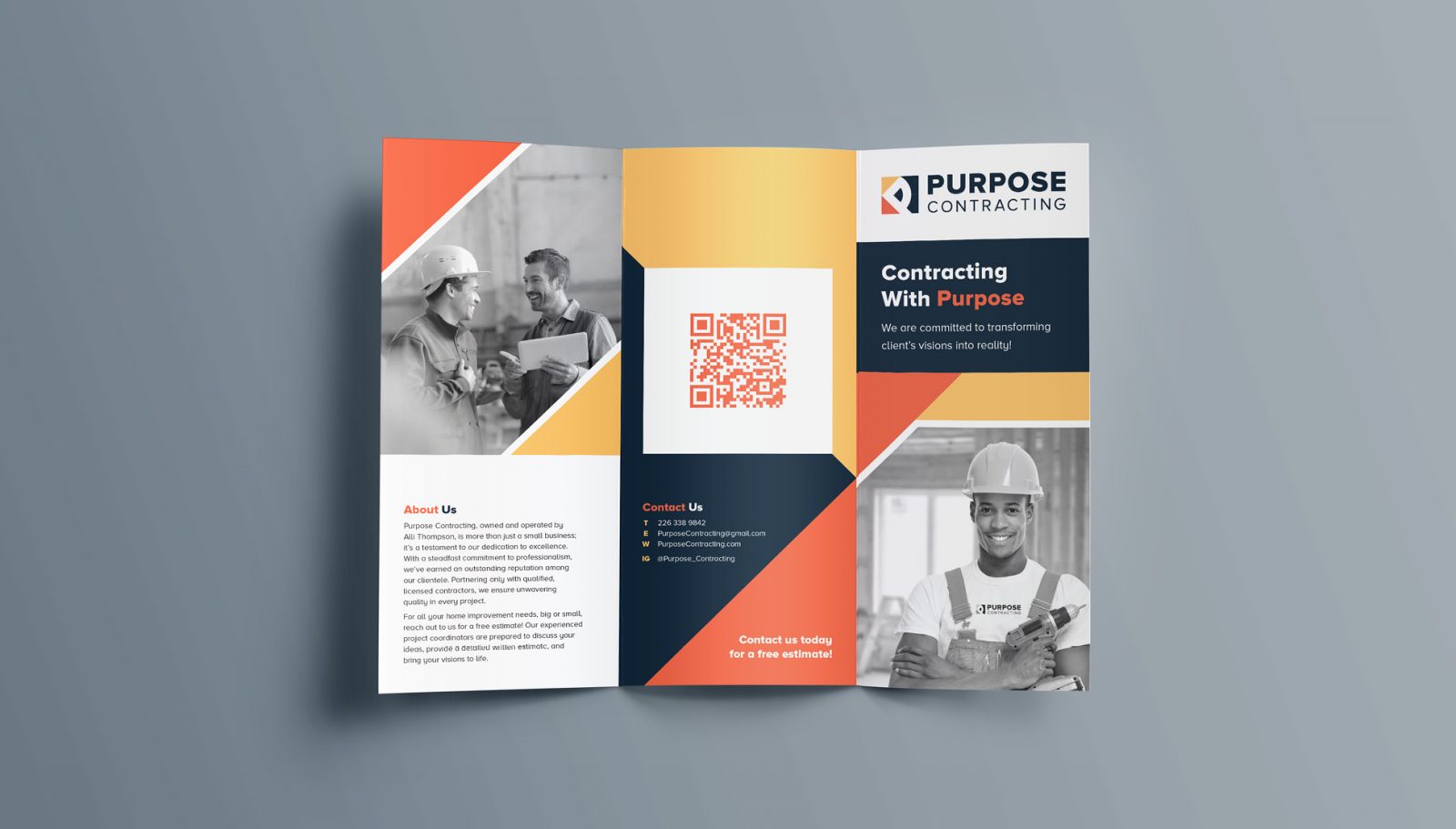 Purpose Contracting, a hypothetical small business specializing in general contracting and home renovations, stands out in the contracting world by transforming client visions into realities. Thorough research shaped its new identity and compelling deliverables.