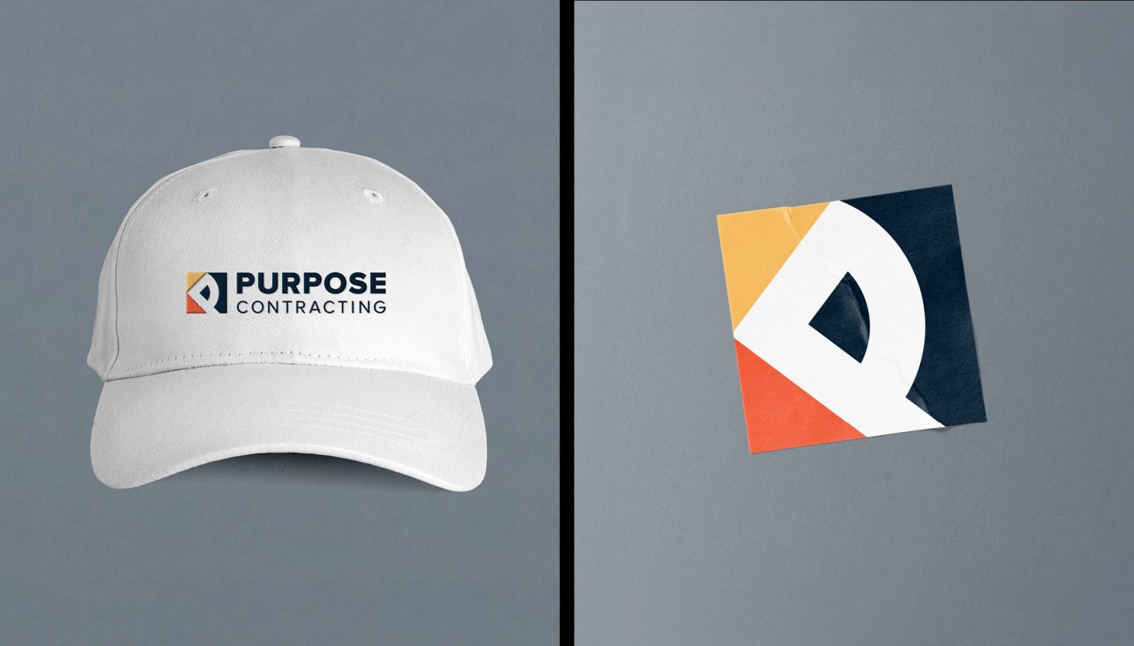 A hat and sticker showcasing Purpose Contracting’s logo. The colours and geometric shapes within the icon reflect their robustness and reliability while also highlighting the importance of geometry in the contracting field. The personalized touch of the letter “P,” slightly resembling a measuring tape, adds a distinct and memorable look