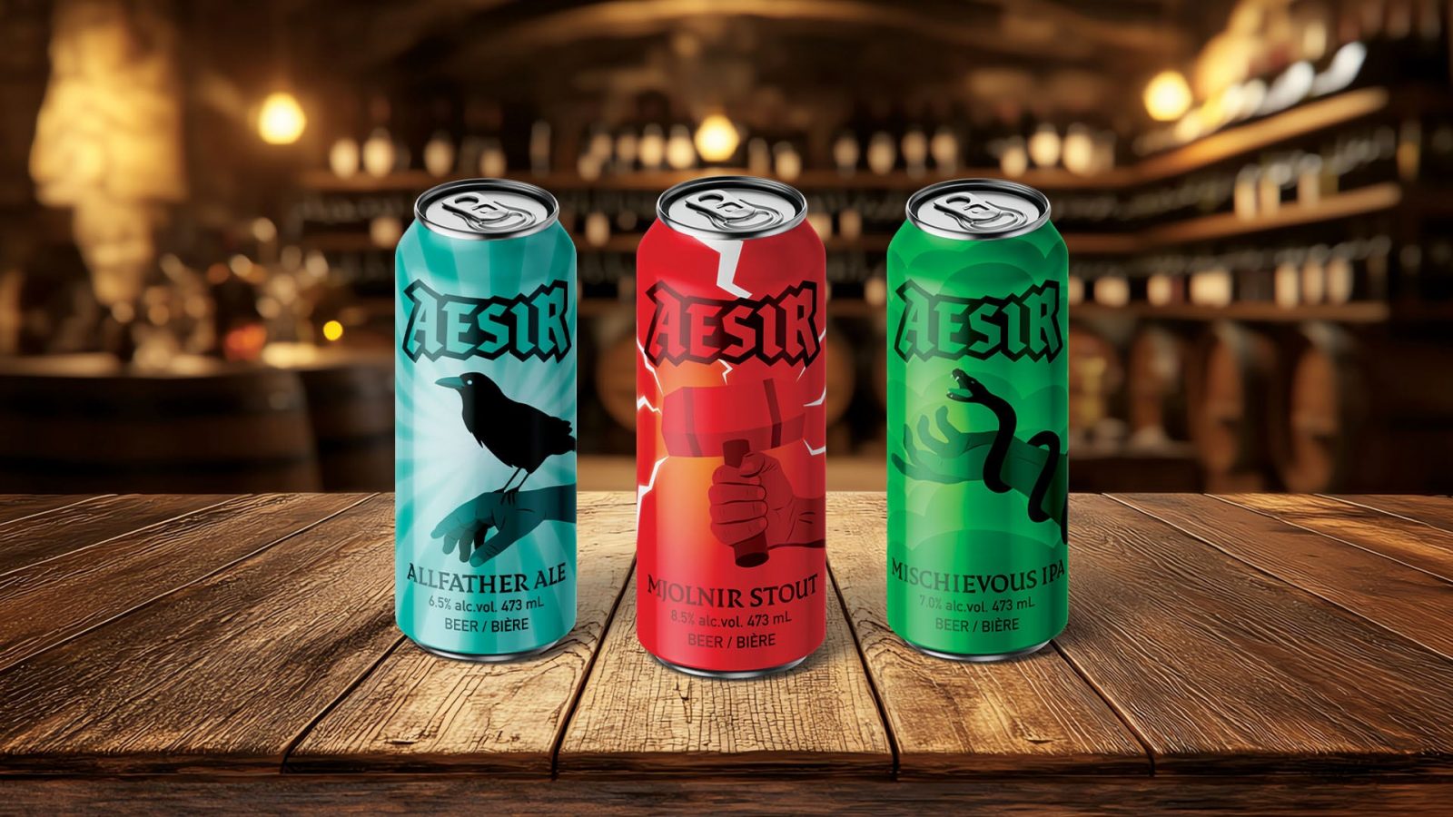 Aesir is a Norse mythology-inspired craft beer brand with bold, monochromatic can designs featuring Thor, Odin, and Loki. The clean visuals and striking colours create a strong, modern identity.