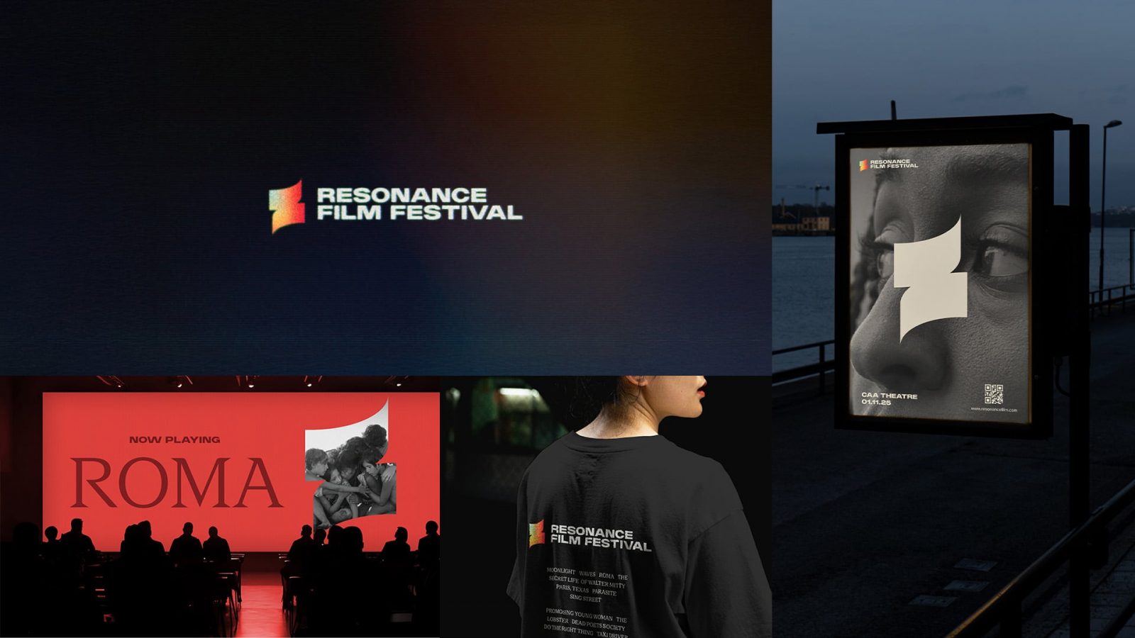 The Resonance film festival is a conceptual event that is focused on films about the human condition. Its logo features a refined wordmark paired with an abstract form inspired by overlapping film reels, reflecting the interconnected nature of human stories. A gradient flows through the design, symbolizing the full spectrum of emotions these films evoke—from love and joy to struggle and perseverance.