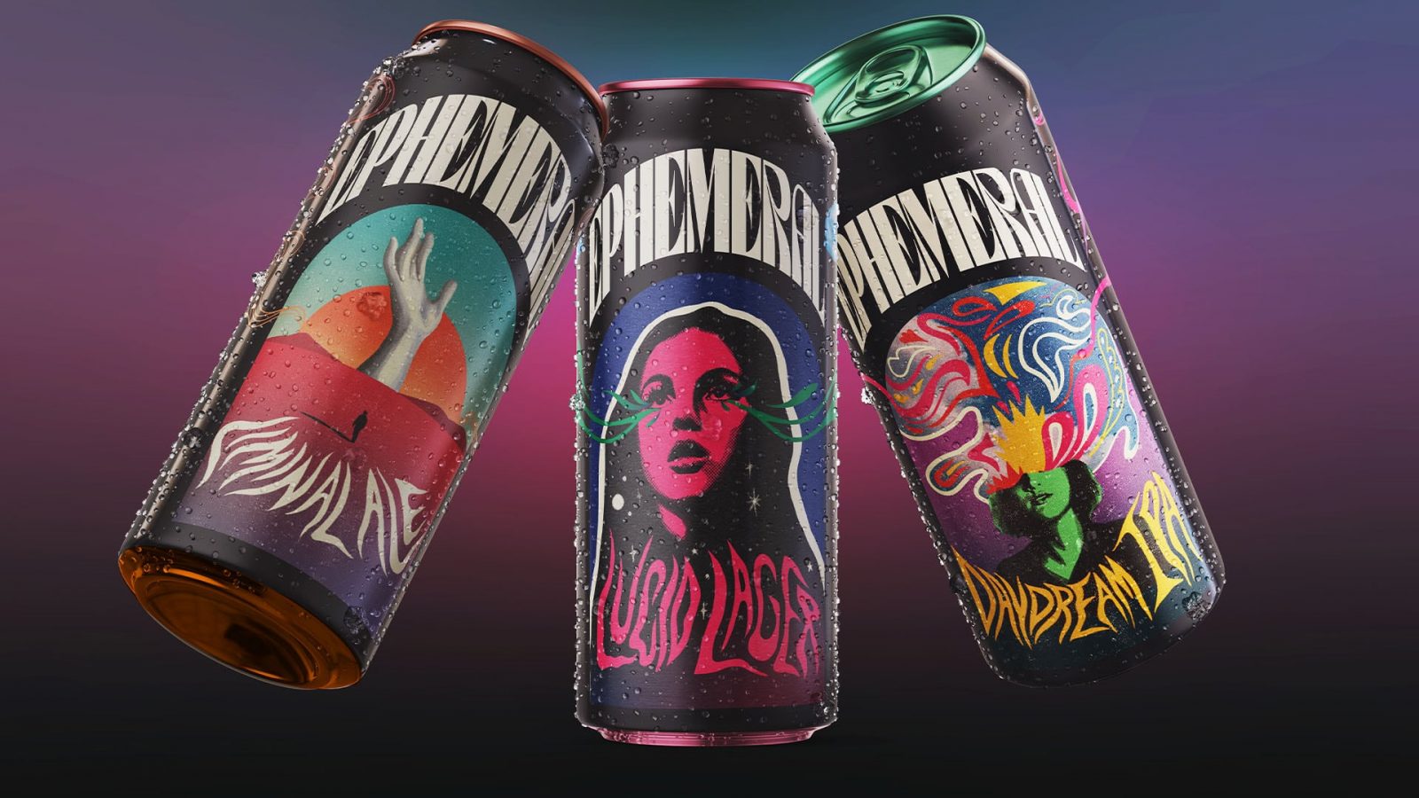 Ephemeral is a conceptual beer series designed for the fictional brewing company Hills & Sons. Capturing the fleeting, surreal nature of dreams—the absurdity of lucid dreaming, the nightmare of liminality and the bliss of daydreaming. To bring this concept to life, I challenged myself to seek inspiration from the outside world rather than online. Merging psychedelic allure of 70’s posters along with organic feel of handwritten typography and surrealist paintings. The result is a series of illustrations that don’t just depict the dreams but immerse you in them.